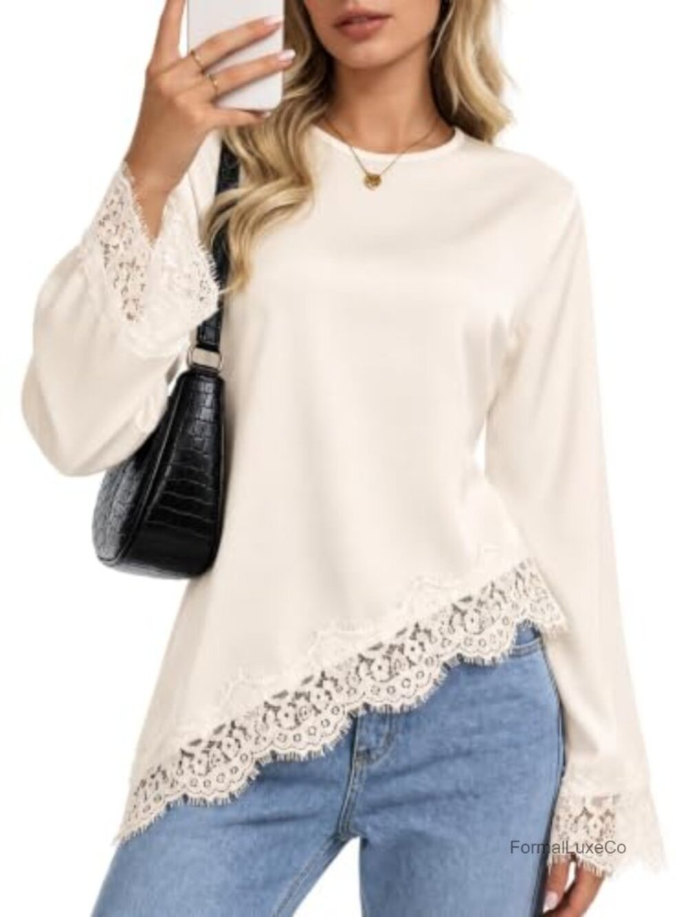Women's Wrap Top Long Sleeve Lace Trim Tie Back Blouse